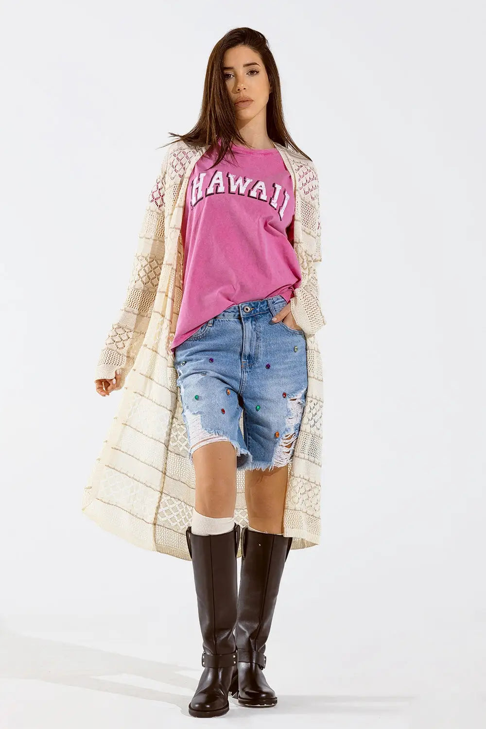 Cardigan Maxi à manches longues en crochet beige - One Size / beige - Pulls