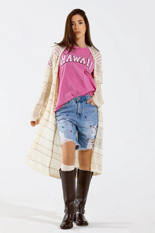 Cardigan Maxi à manches longues en crochet beige - One Size / beige - Pulls