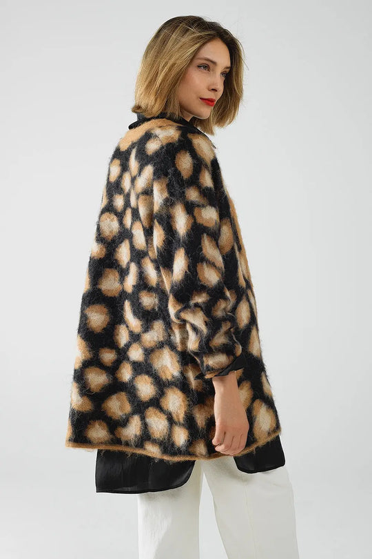 cardigan noir imprimé léopard en tissu tricoté avec de la laine - One Size / beige