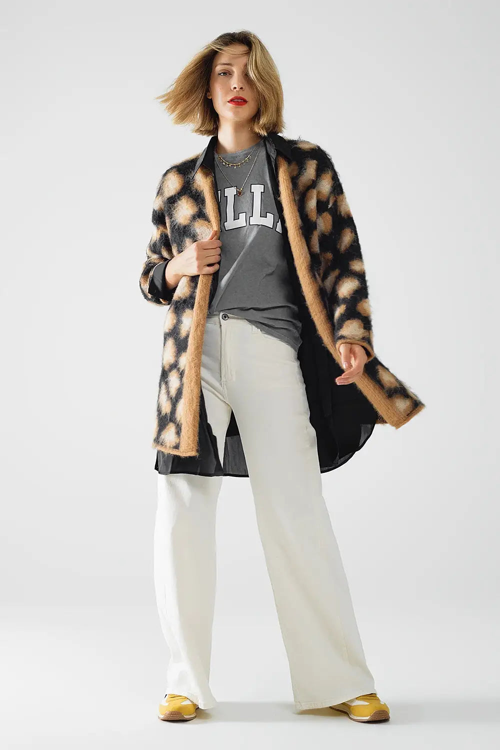 cardigan noir imprimé léopard en tissu tricoté avec de la laine - One Size / beige