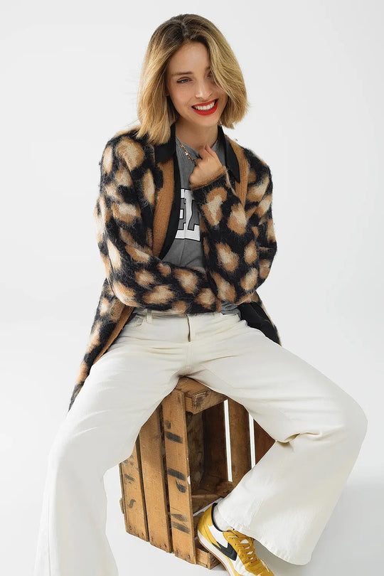 cardigan noir imprimé léopard en tissu tricoté avec de la laine - One Size / beige