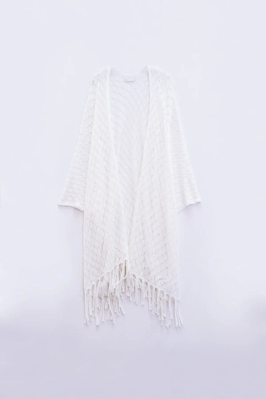 Cardigan ouvert blanc avec extrémités à franges et manches 3/4 - One Size / blanc - Pulls