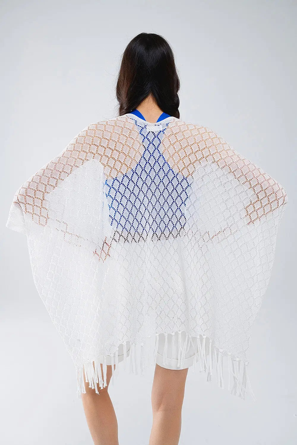 Cardigan ouvert blanc avec extrémités à franges et manches 3/4 - One Size / blanc - Pulls