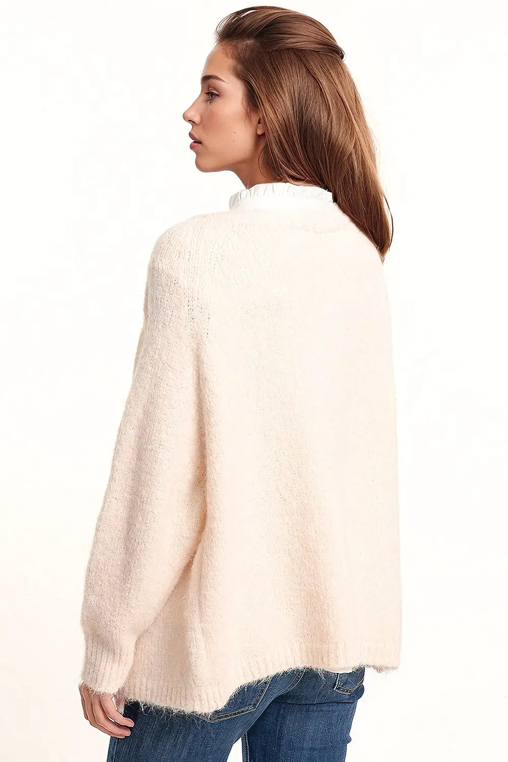 Cardigan ouvert en maille duveteuse surdimensionnée en blanc avec bord-côte aux extrémités et aux poignets - Pulls