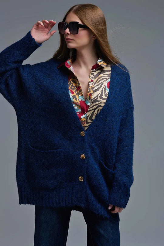 Q2 Cardigan oversize en marine avec boutons et poches dorés
