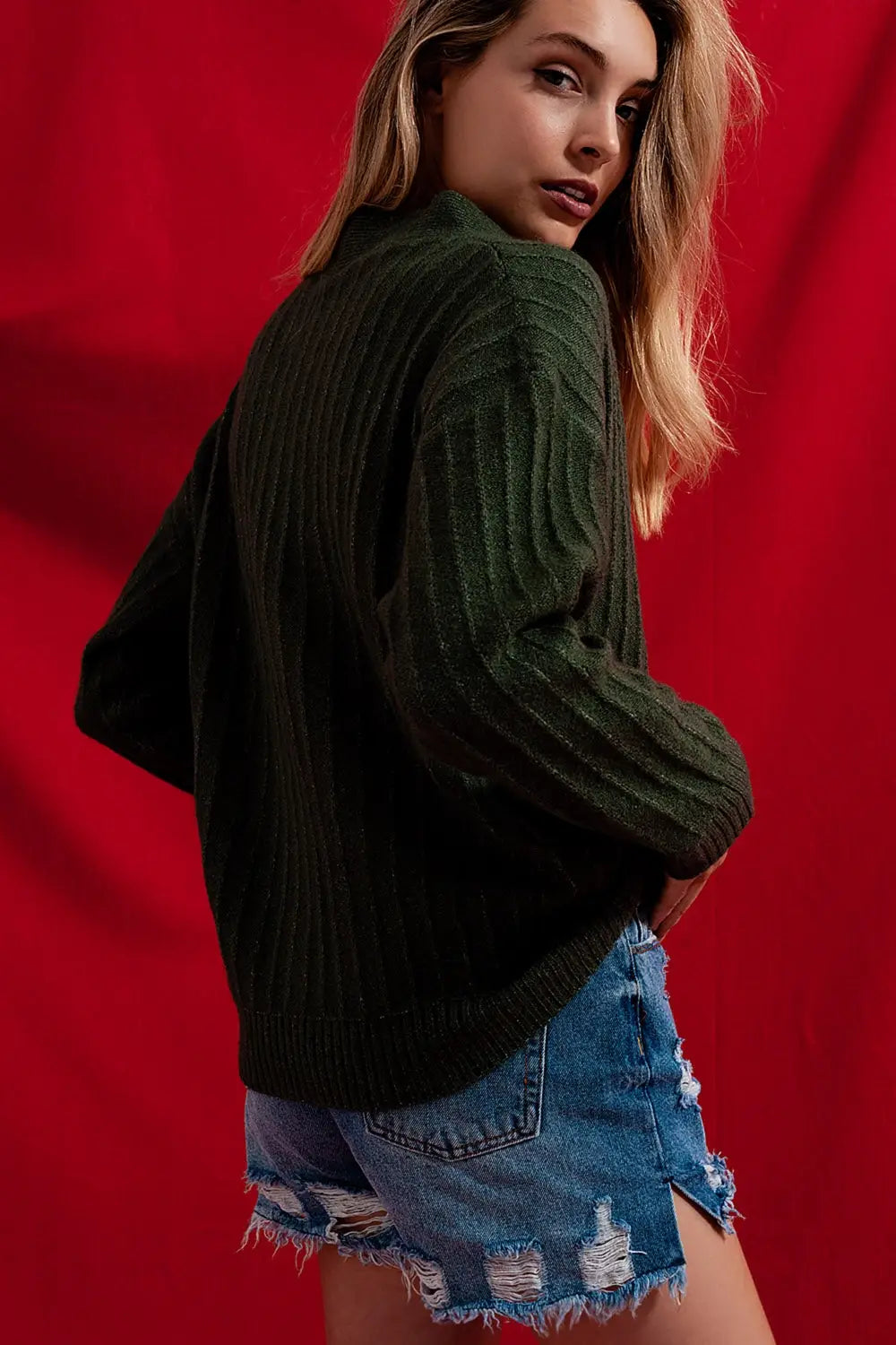 Cardigan with balloon sleeve in green - Sweaters