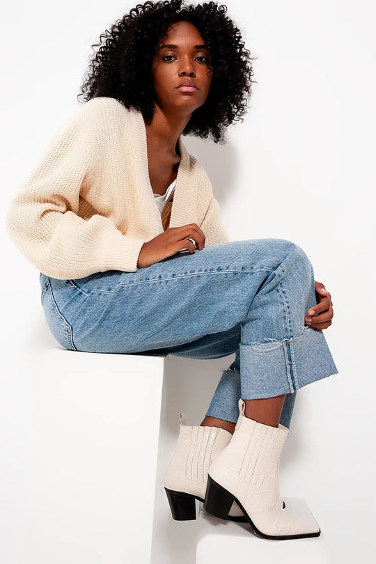 Cardigan with long sleeves and diamante button detail in cream - Sweaters