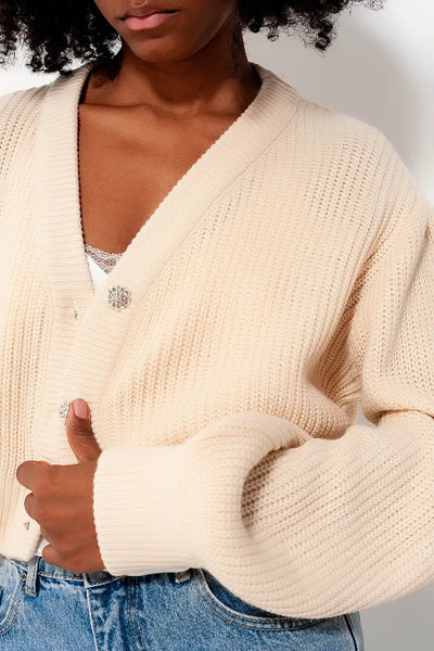 Cardigan with long sleeves and diamante button detail in cream - Sweaters