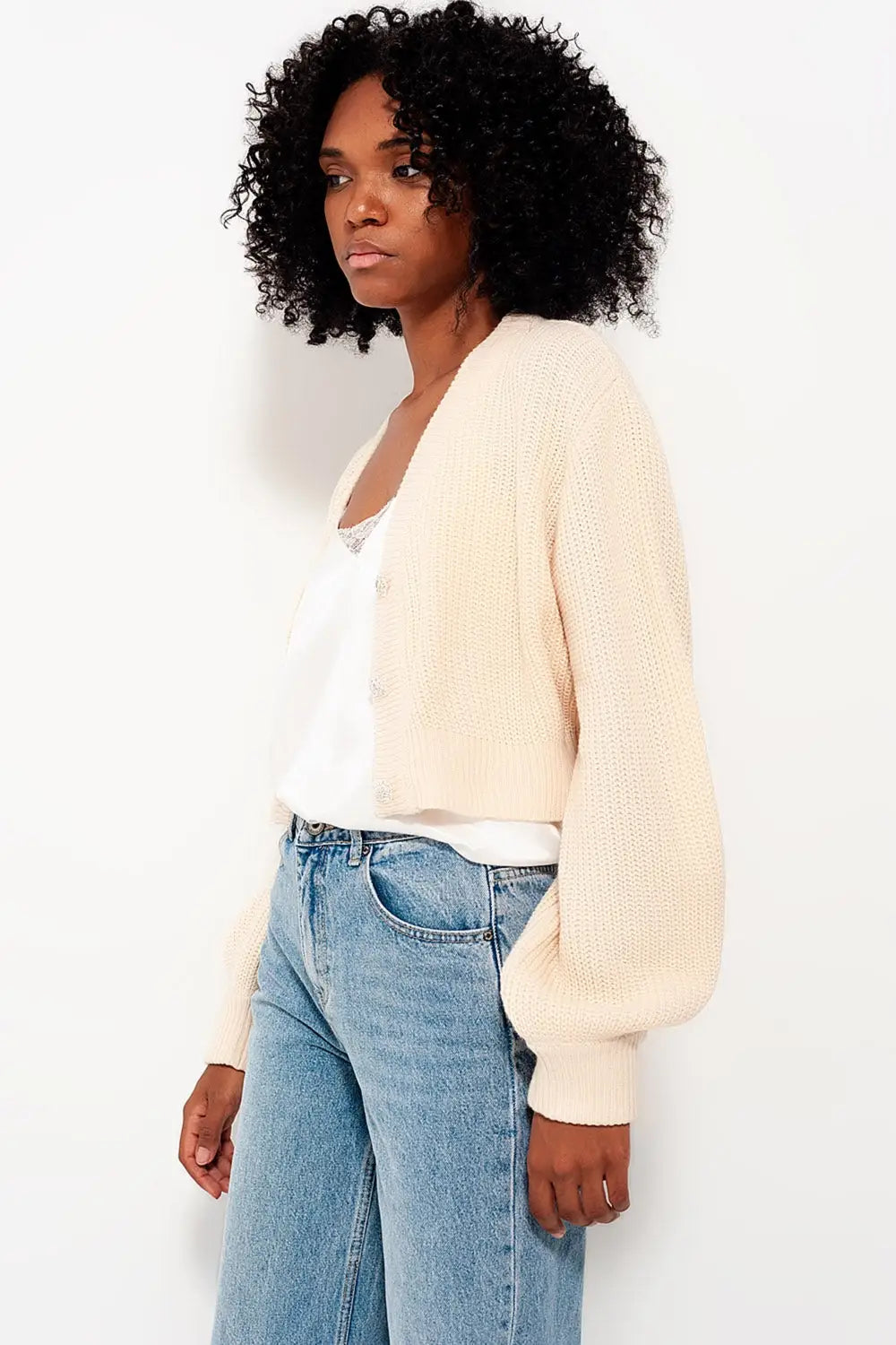 Cardigan with long sleeves and diamante button detail in cream - Sweaters