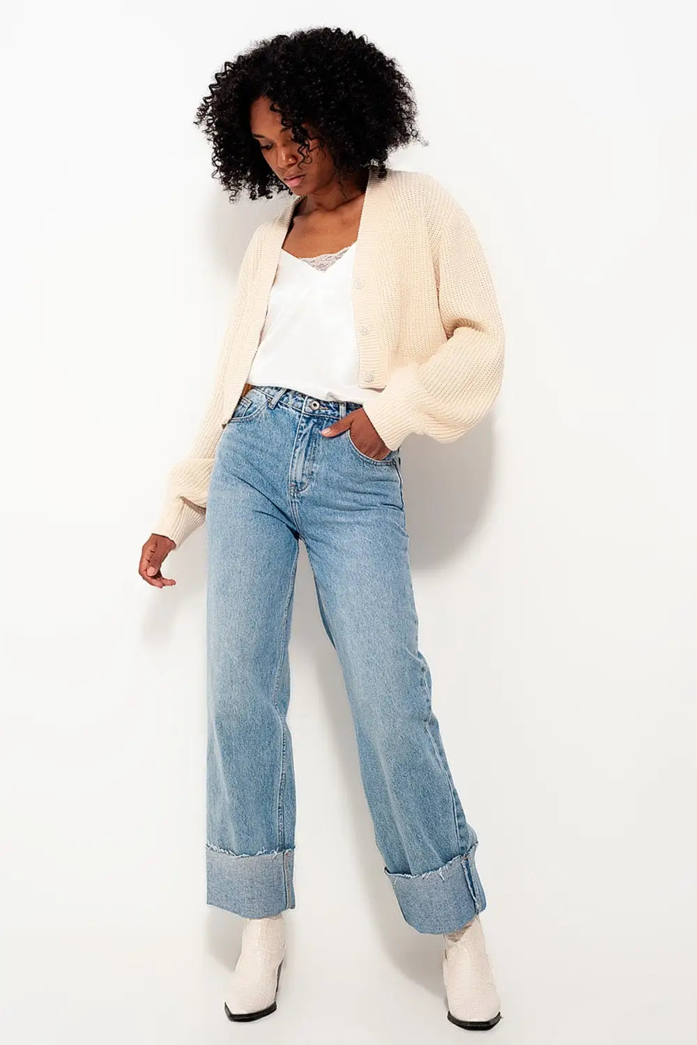 Cardigan with long sleeves and diamante button detail in cream - Sweaters