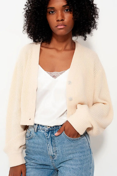 Cardigan with long sleeves and diamante button detail in cream - Sweaters
