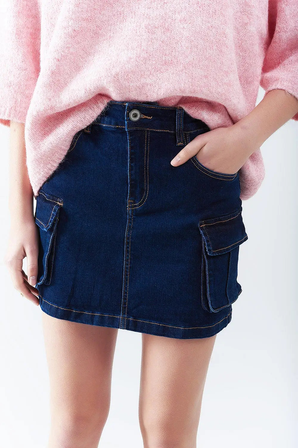 Q2 Cargo Denim Skirt in dark Wash With Contrasting Stitching