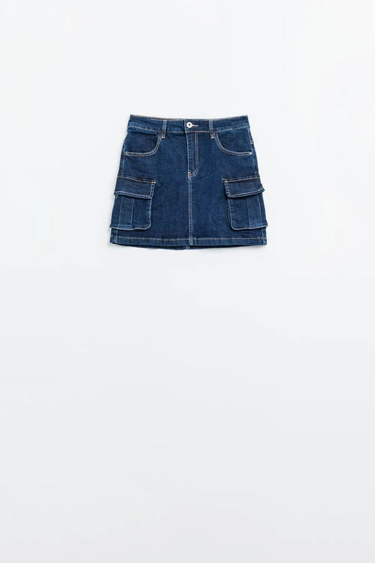 Cargo Denim Skirt in dark Wash With Contrasting Stitching - Skirts