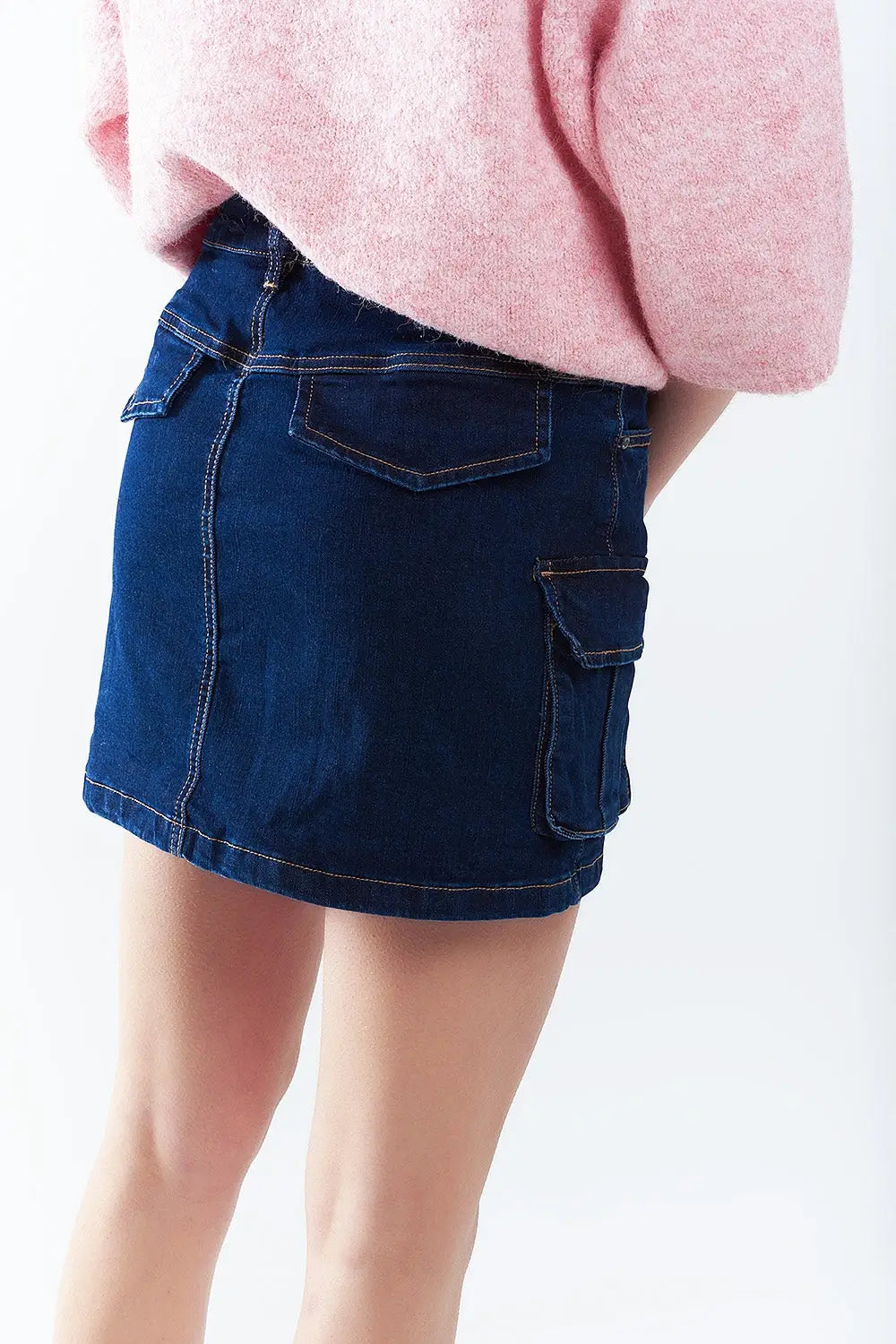 Cargo Denim Skirt in dark Wash With Contrasting Stitching - Skirts