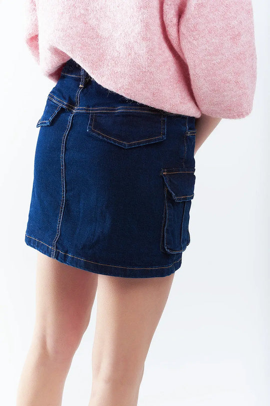 Cargo Denim Skirt in dark Wash With Contrasting Stitching - Skirts
