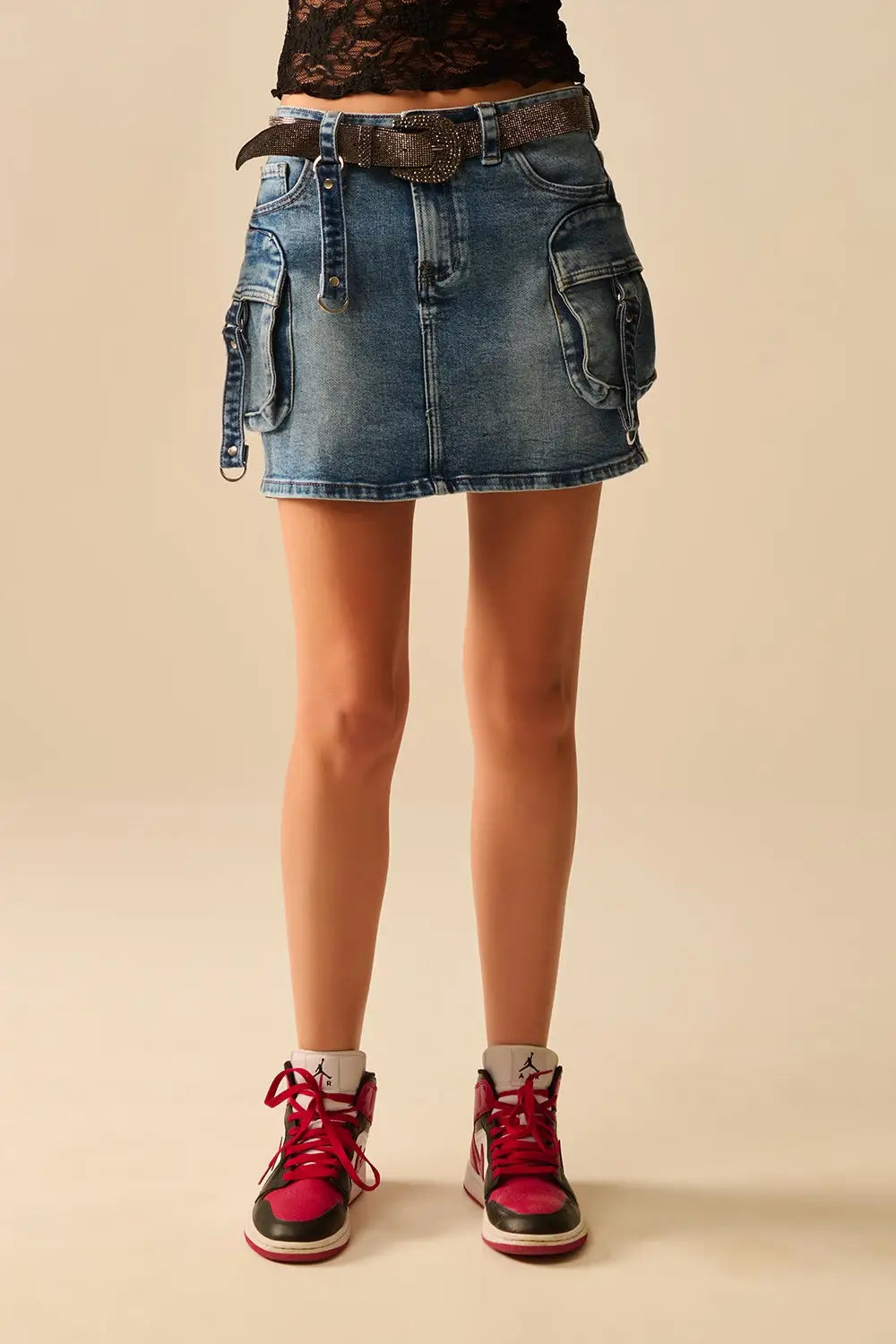 Q2 Cargo mini Denim Skirt with Hanging Details