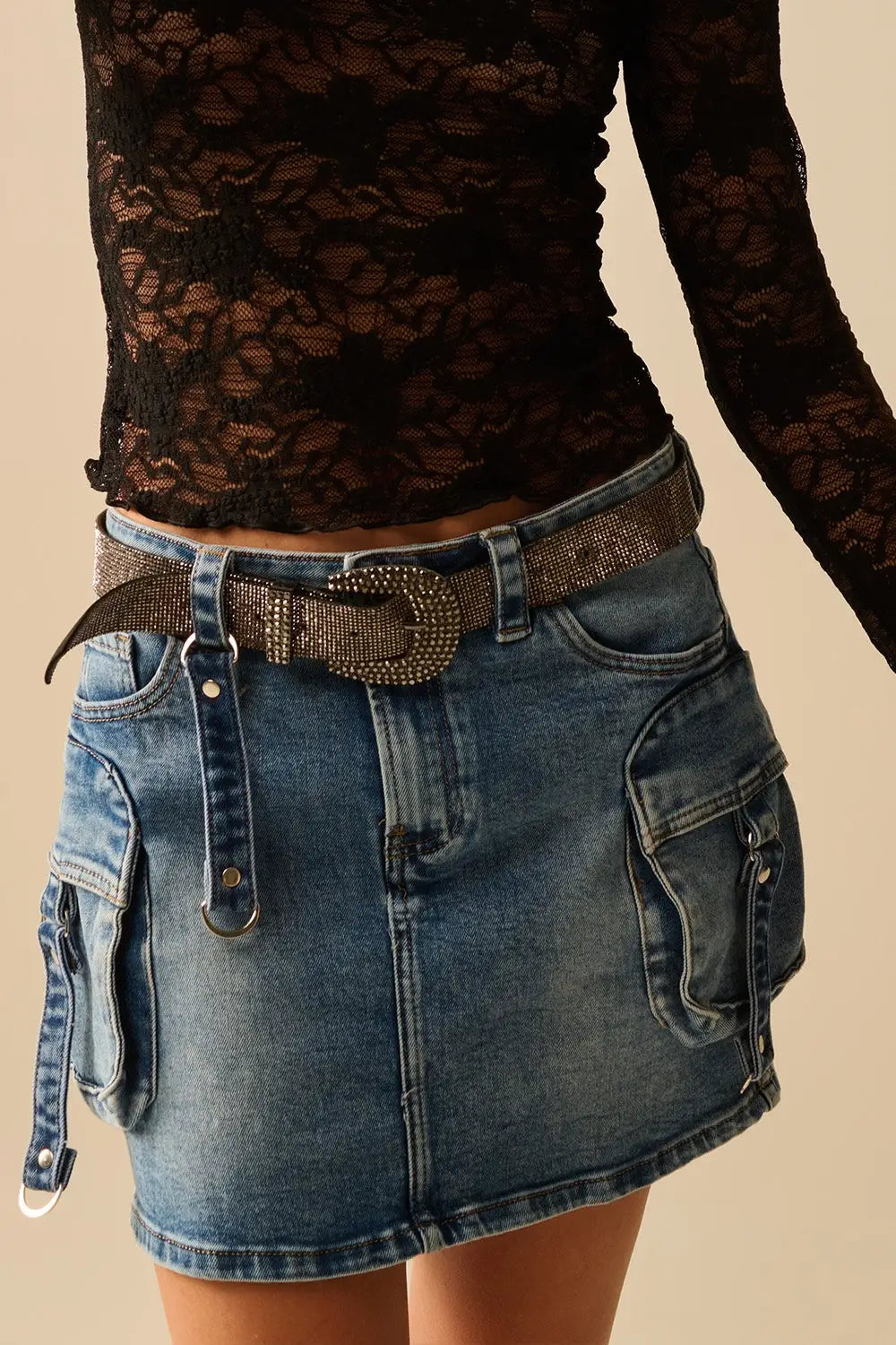 Cargo mini Denim Skirt with Hanging Details - Skirts