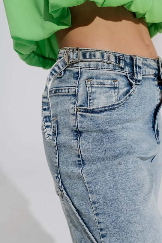 Cargo Style Bleached Jeans With Belt Like Strap Details At The Waist - Jeans