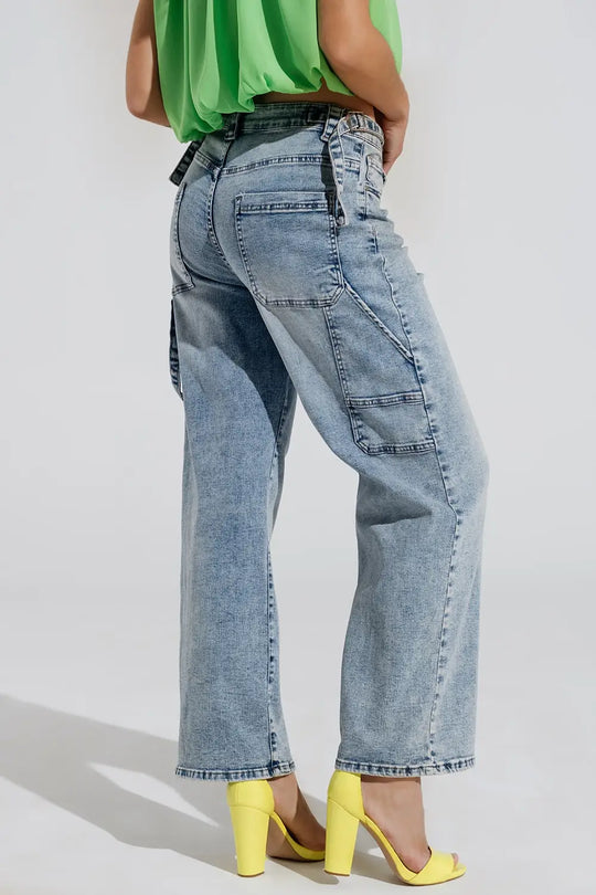 Cargo Style Bleached Jeans With Belt Like Strap Details At The Waist - Jeans