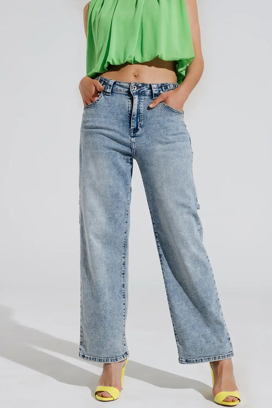 Cargo Style Bleached Jeans With Belt Like Strap Details At The Waist - Jeans