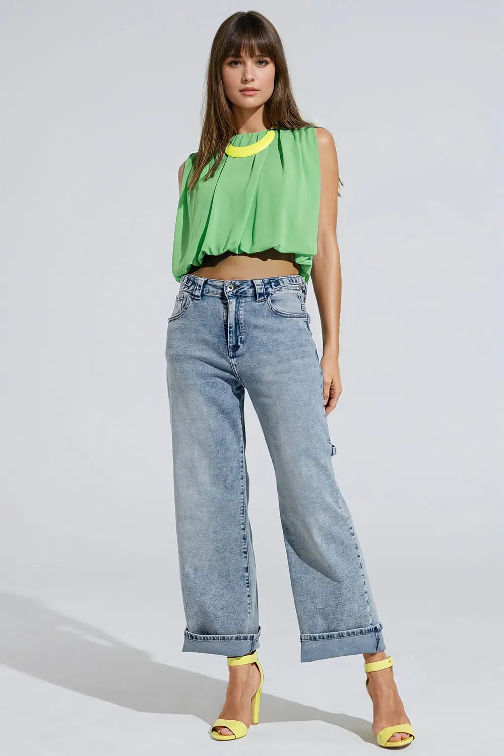 Cargo Style Bleached Jeans With Belt Like Strap Details At The Waist - Jeans