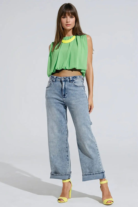 Cargo Style Bleached Jeans With Belt Like Strap Details At The Waist - Jeans