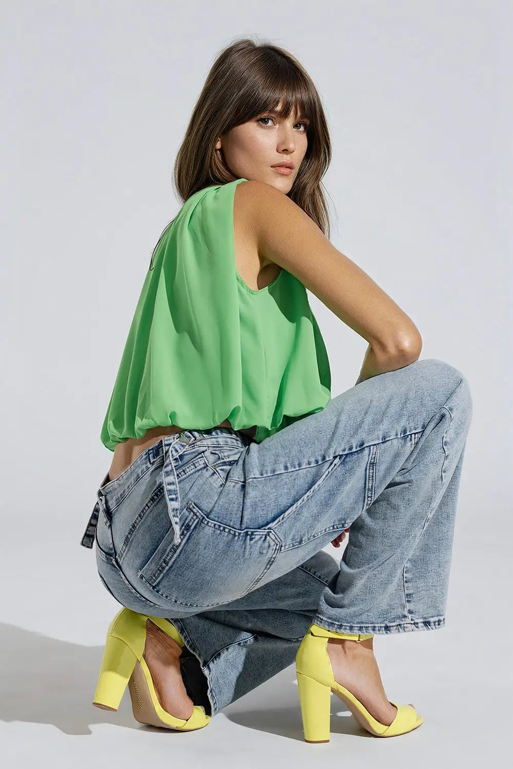 Cargo Style Bleached Jeans With Belt Like Strap Details At The Waist - Jeans