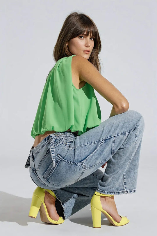 Cargo Style Bleached Jeans With Belt Like Strap Details At The Waist - Jeans