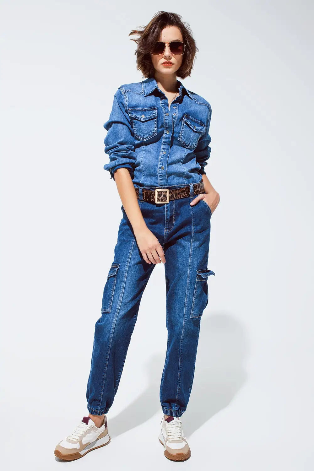 Cargo Style Jeans with Seam Down the Front in Medium Wash - Jeans