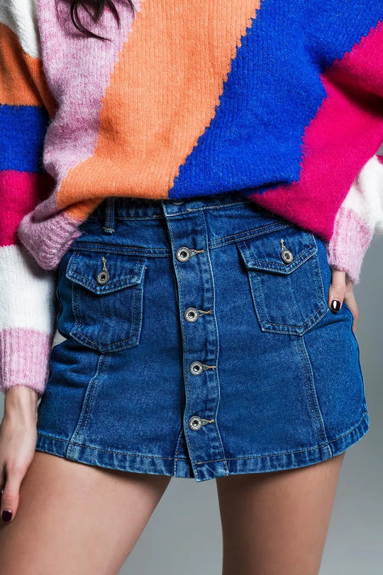 Cargo Style Skort With Front Pockets And Button Closure in Mid Wash - Skirts