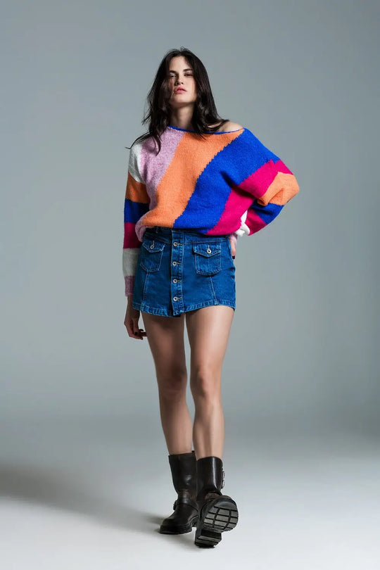 Cargo Style Skort With Front Pockets And Button Closure in Mid Wash - Skirts