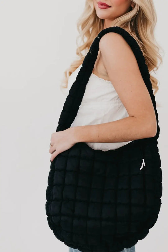 Carmen Quilted Hobo Tote Bag - Black - Tote Bag