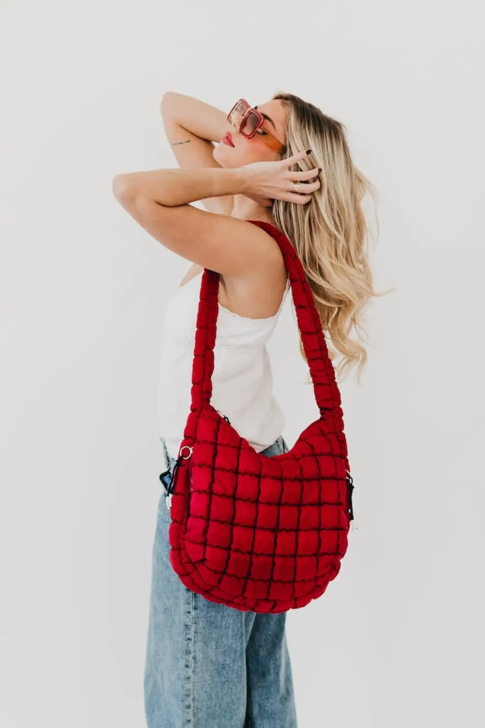 Carmen Quilted Hobo Tote Bag - Crimson Red - Tote Bag