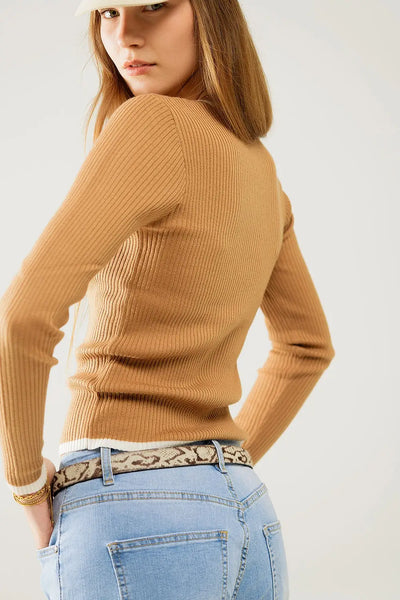 Casual camel Rib Sweater With white Trim detail - Sweaters