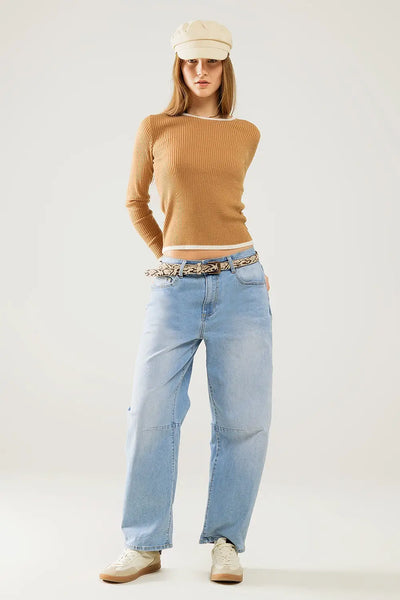 Casual camel Rib Sweater With white Trim detail - Sweaters