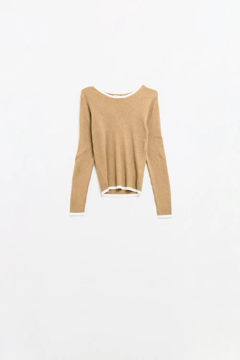 Casual camel Rib Sweater With white Trim detail - Sweaters