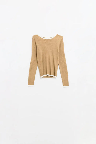 Casual camel Rib Sweater With white Trim detail - Sweaters