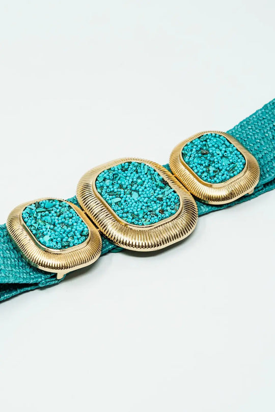 Ceinture tissée turquoise avec boucle rectangulaire et perles - One Size / vert - Accesorios
