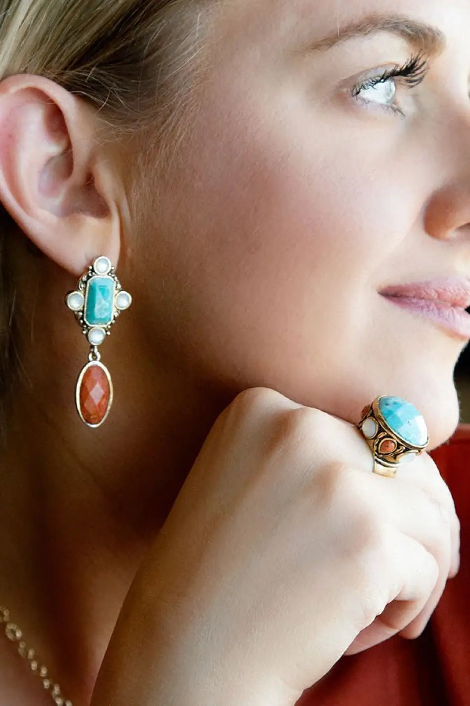 Champs Blue Turquoise and Coral Golden Statement Ring - Rings