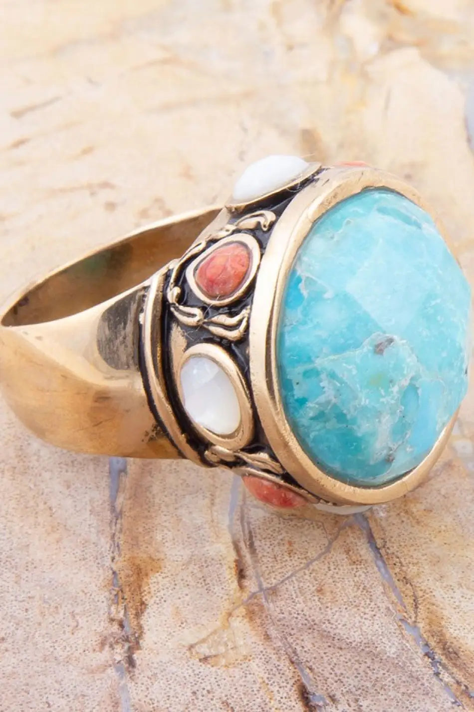 Champs Blue Turquoise and Coral Golden Statement Ring - Rings