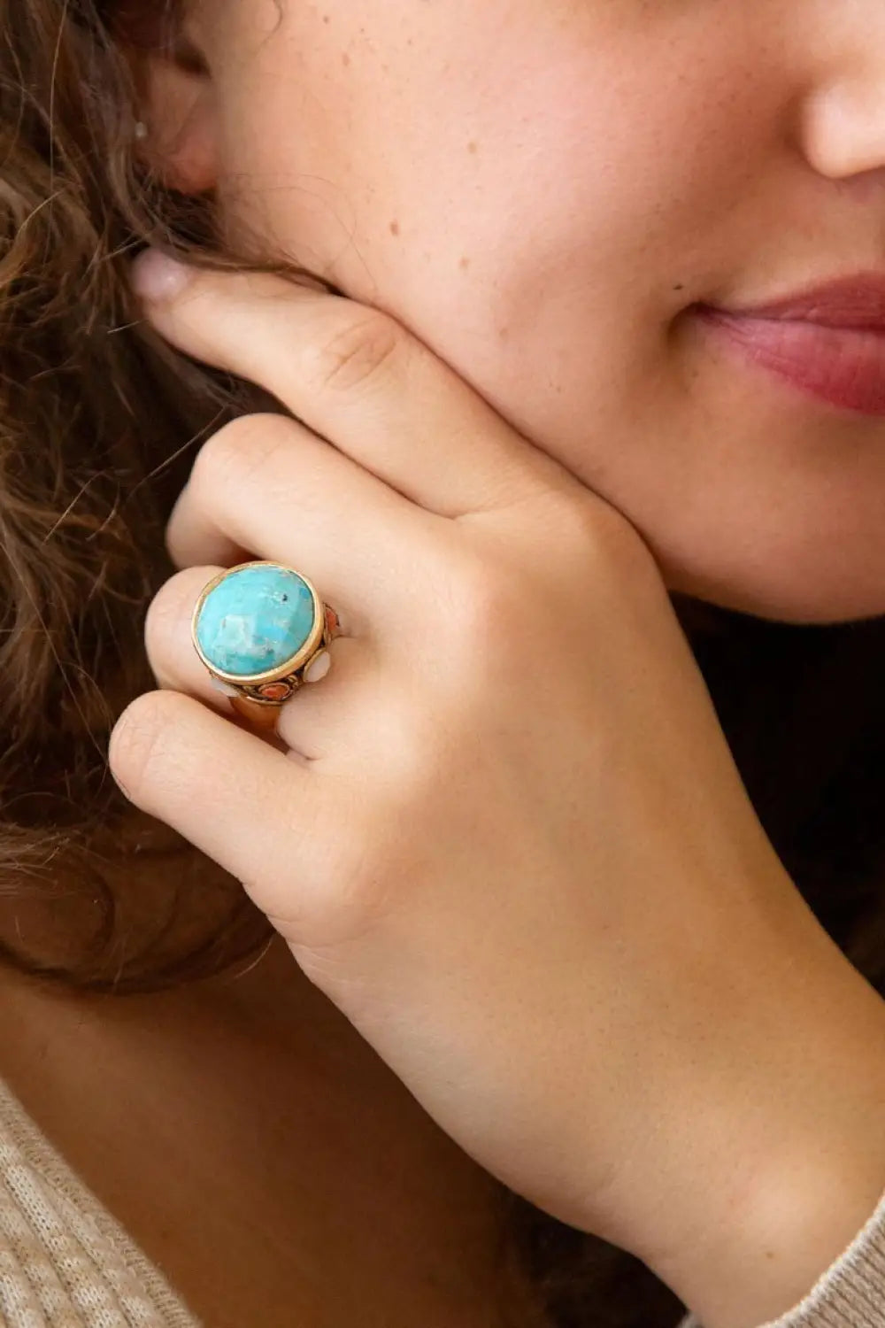 Champs Blue Turquoise and Coral Golden Statement Ring - Rings