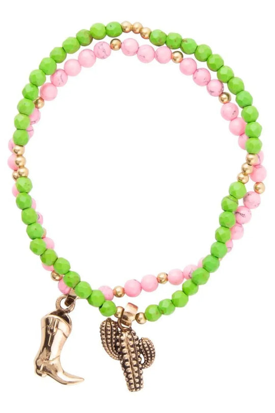 Charmed Cactus and Boot Pink Green Jade Golden Bracelet Set - Bracelets