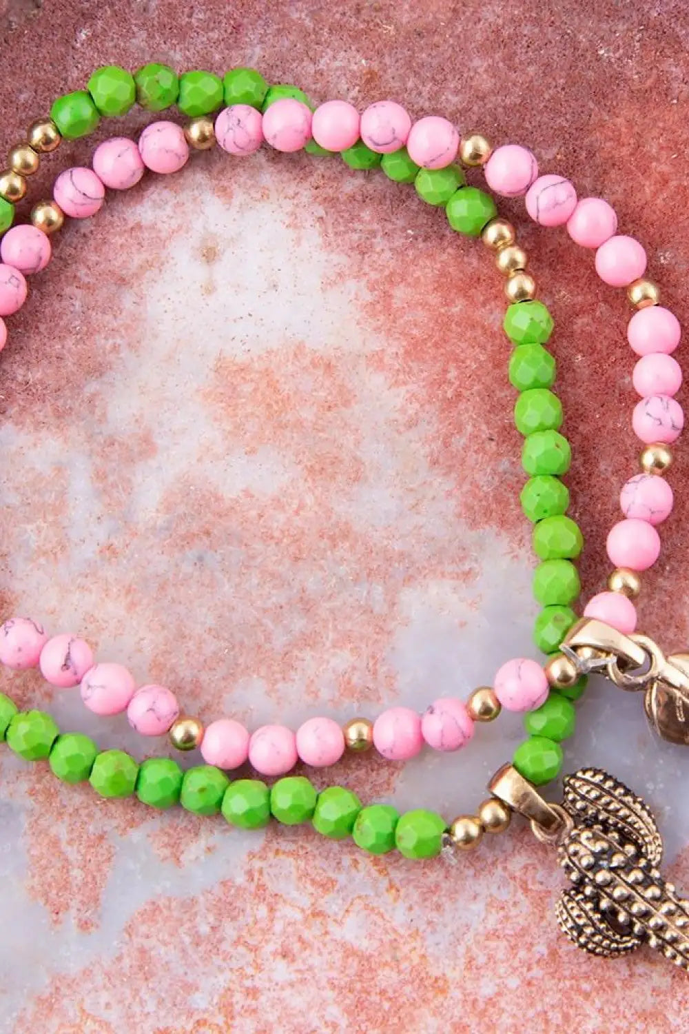 Charmed Cactus and Boot Pink Green Jade Golden Bracelet Set - Bracelets