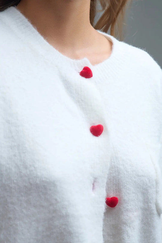 Charming White Cardigan with Heart Buttons - One Size / White - Sweaters