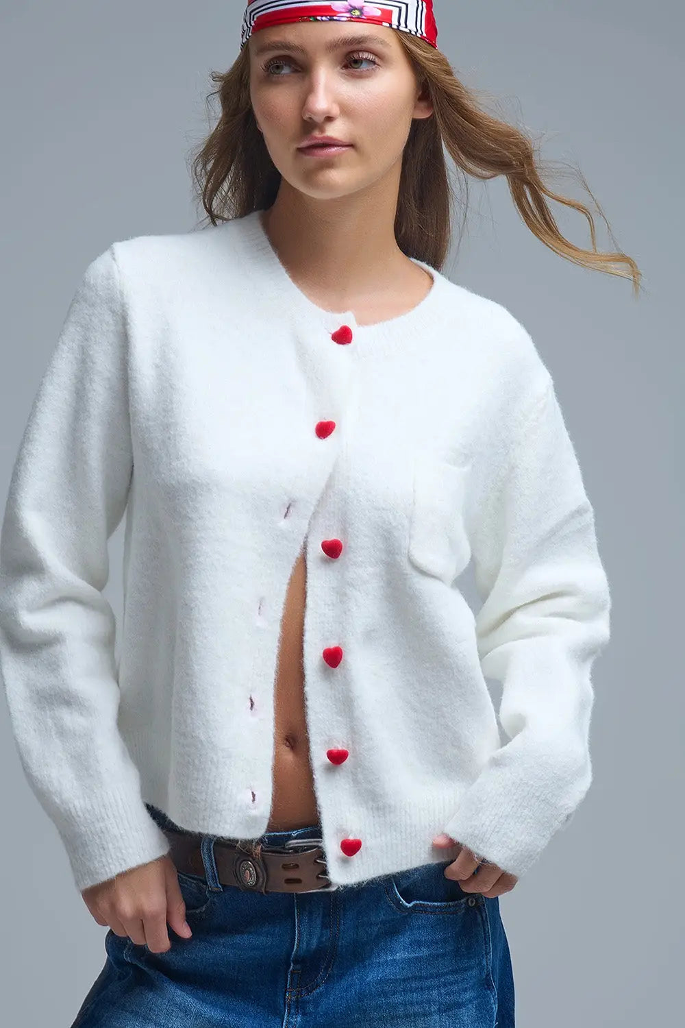 Q2 Charming White Cardigan with Heart Buttons