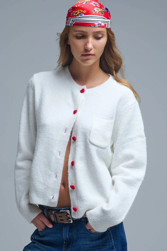 Charming White Cardigan with Heart Buttons - One Size / White - Sweaters