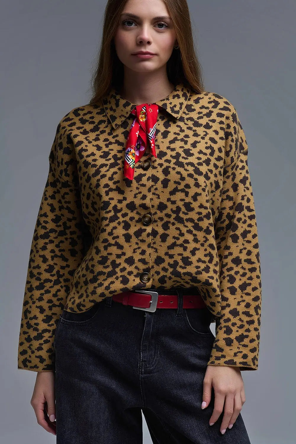 Cheetah Print Relaxed cardigan With Polo Collar - One Size / Brown - Sweaters