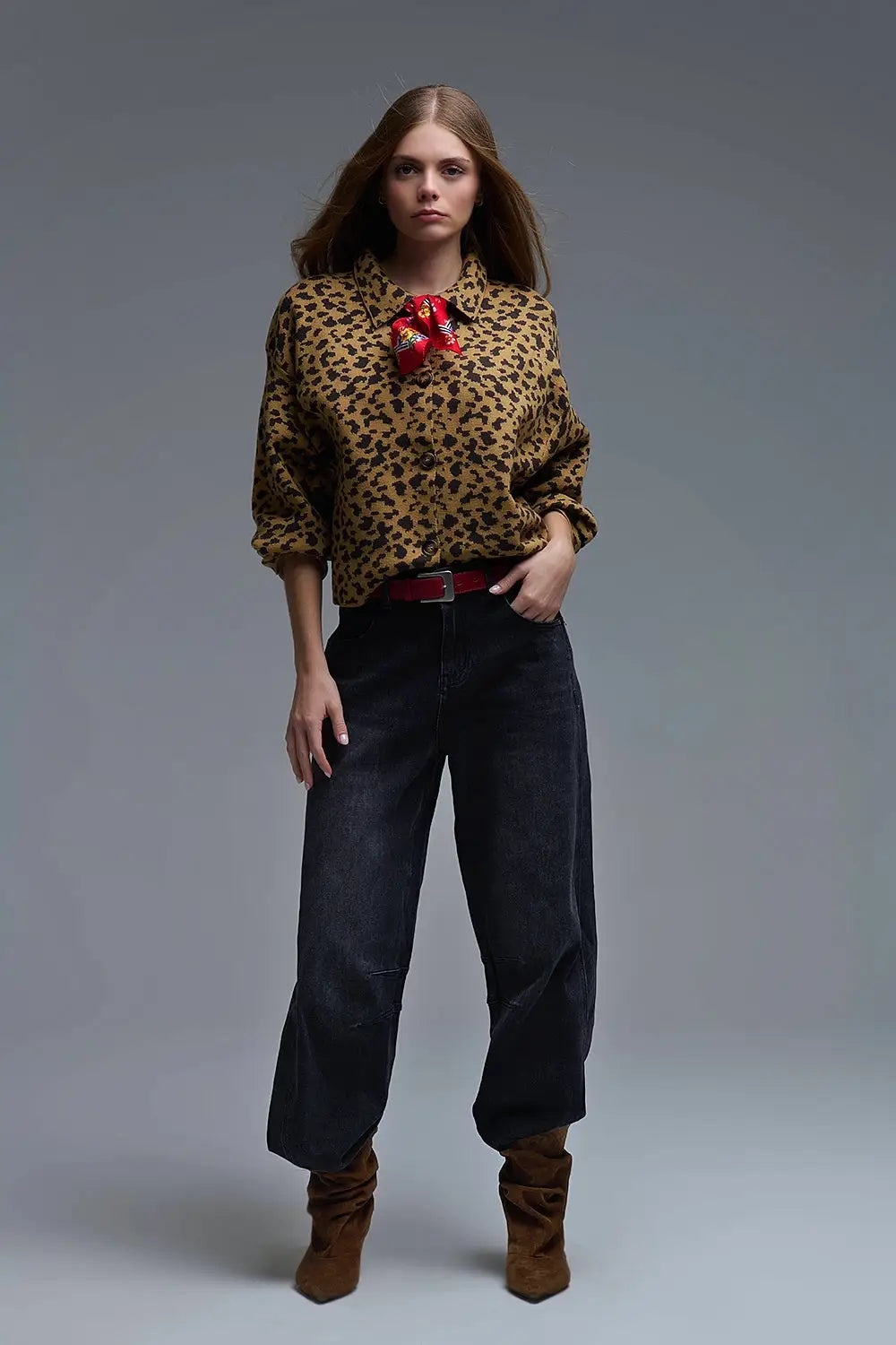 Cheetah Print Relaxed cardigan With Polo Collar - One Size / Brown - Sweaters