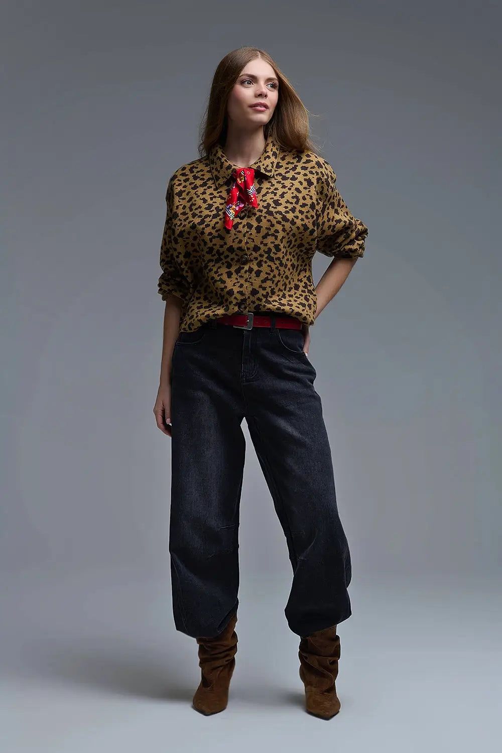 Cheetah Print Relaxed cardigan With Polo Collar - One Size / Brown - Sweaters