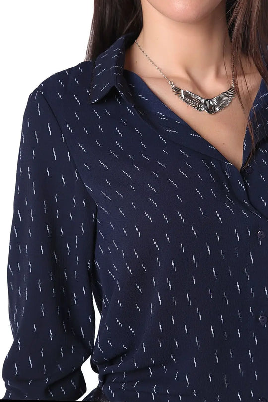 Chemise 3/4 en tissu brossé bleu marine avec ceinture - Vestidos